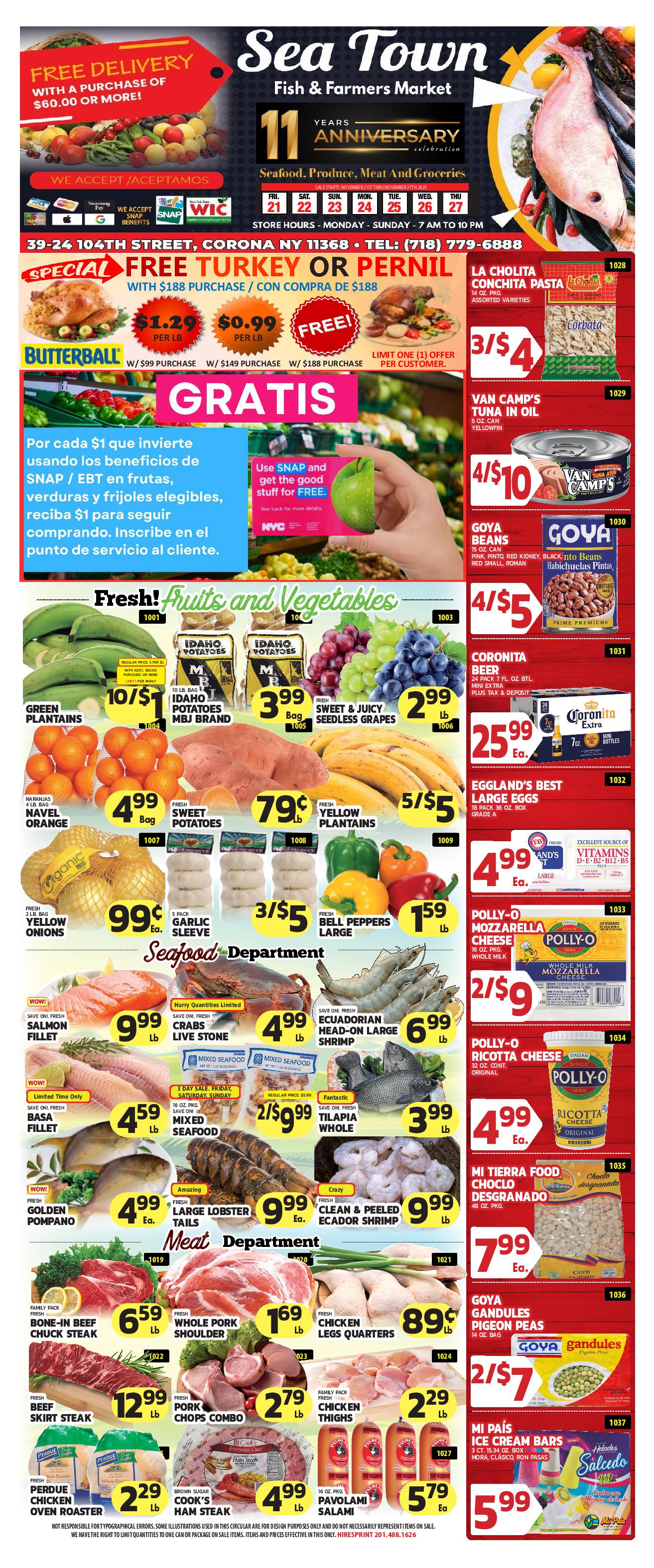 Sea Town Fish & Farmers Market weekly circular, page one — fresh produce, seafood and butcher specials at 103-25 Roosevelt Avenue.